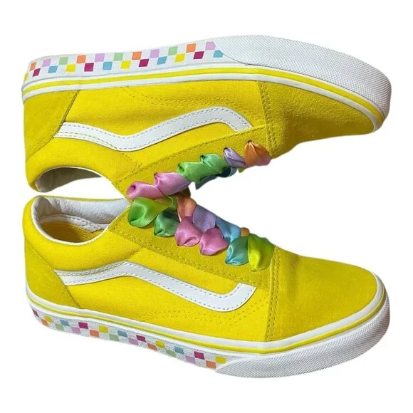 VANS Old Skool Rainbow Lace Yellow/white - Multi Color Checkerboard Kids 3 - Picture 11 of 14